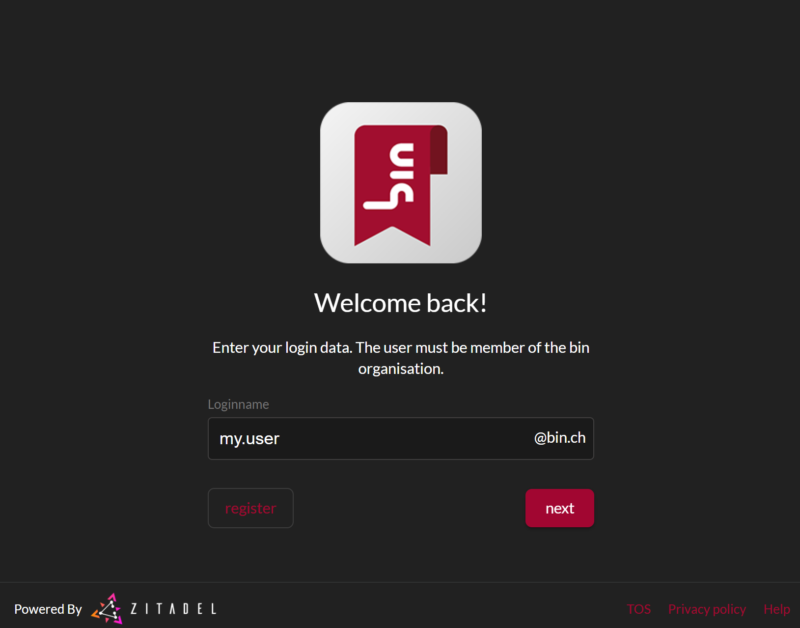 Login screen of ZITADEL with bin logo and red colors