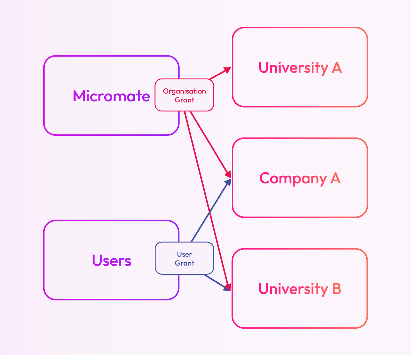 Diagram showing Micromate and User Organization with Grants to different Tenants