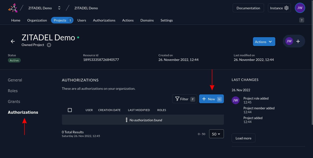 Screenshot of creating an authorization in ZITADEL