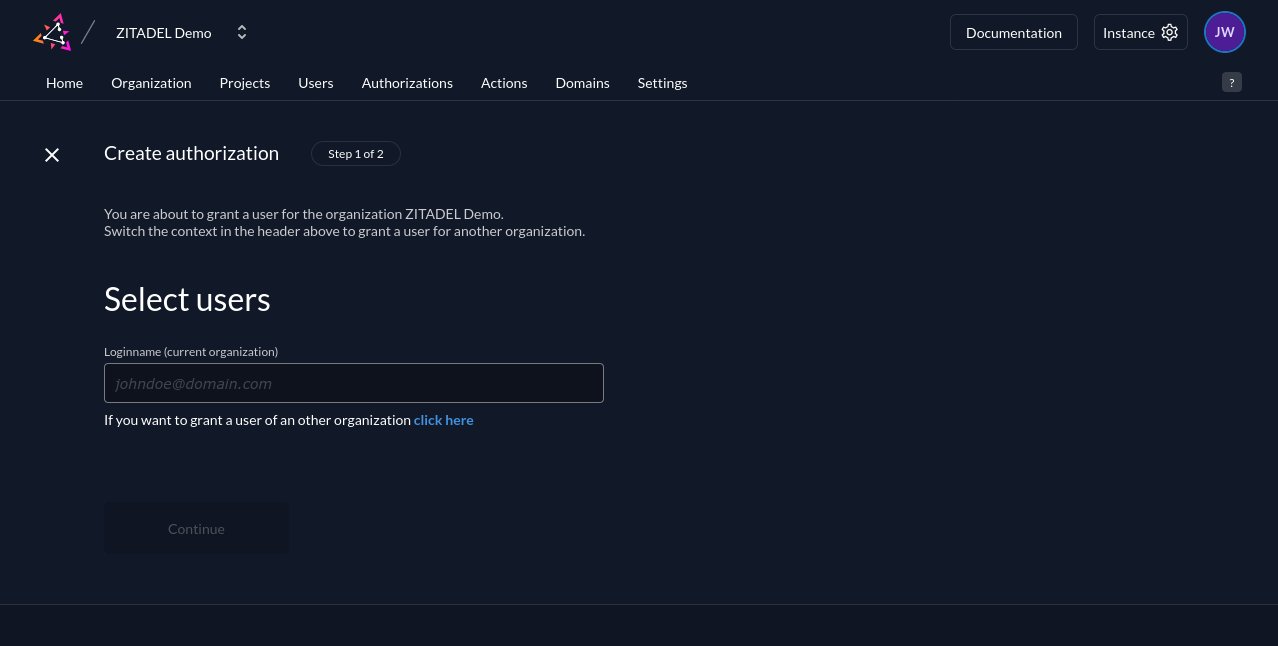 Screenshot of selecting users for authorization in ZITADEL