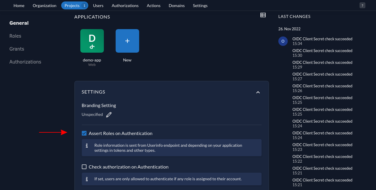 Screenshot of enabling the Assert Roles on Authentication project setting in ZITADEL