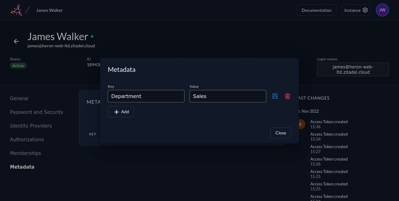 Screenshot of editing user metadata in ZITADEL