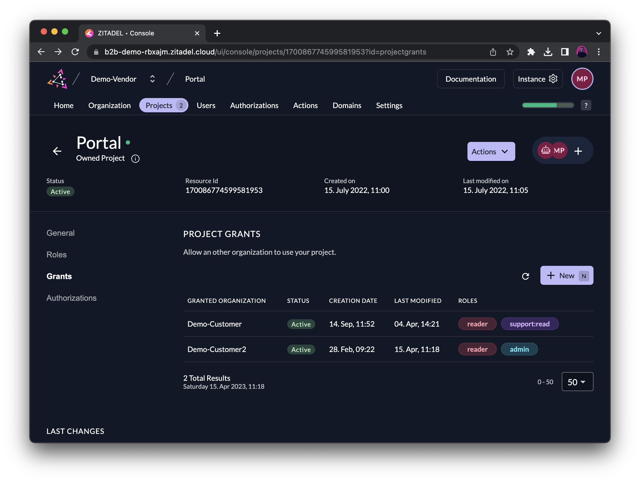 Project grants from Demo-Vendor to customer organizations