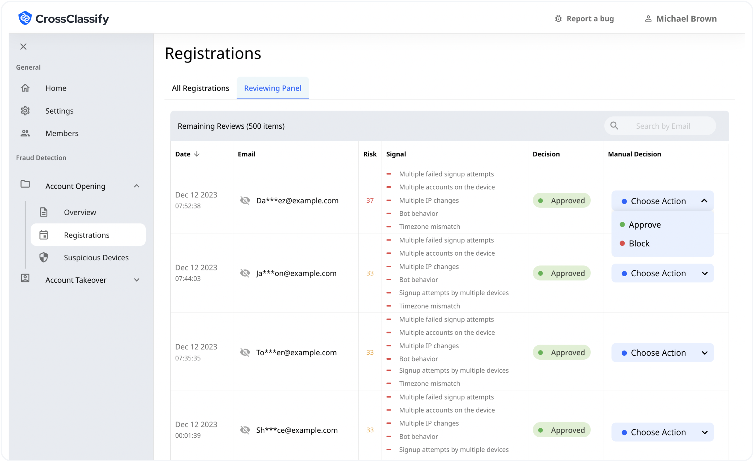 Reviewing User Registrations in the CrossClassify Portal 