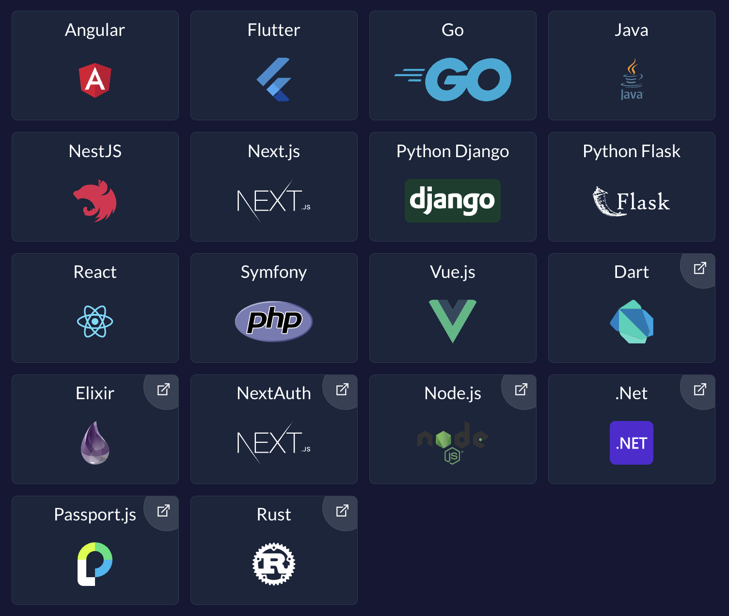 Available example apps for zitadel in different programming languages and frameworks such as Angular, Flutter, Go, Java, NestJS, Next.js, Python Django, Python Flask, React, PHP Symfony, Vue.js