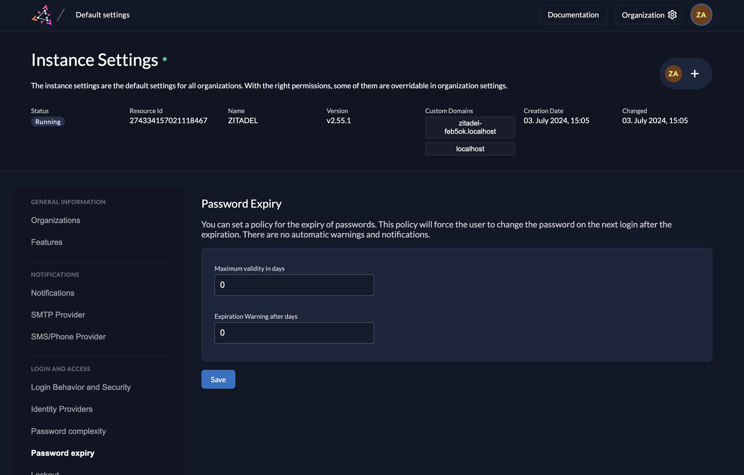 ZITADEL Console UI password expiry settings