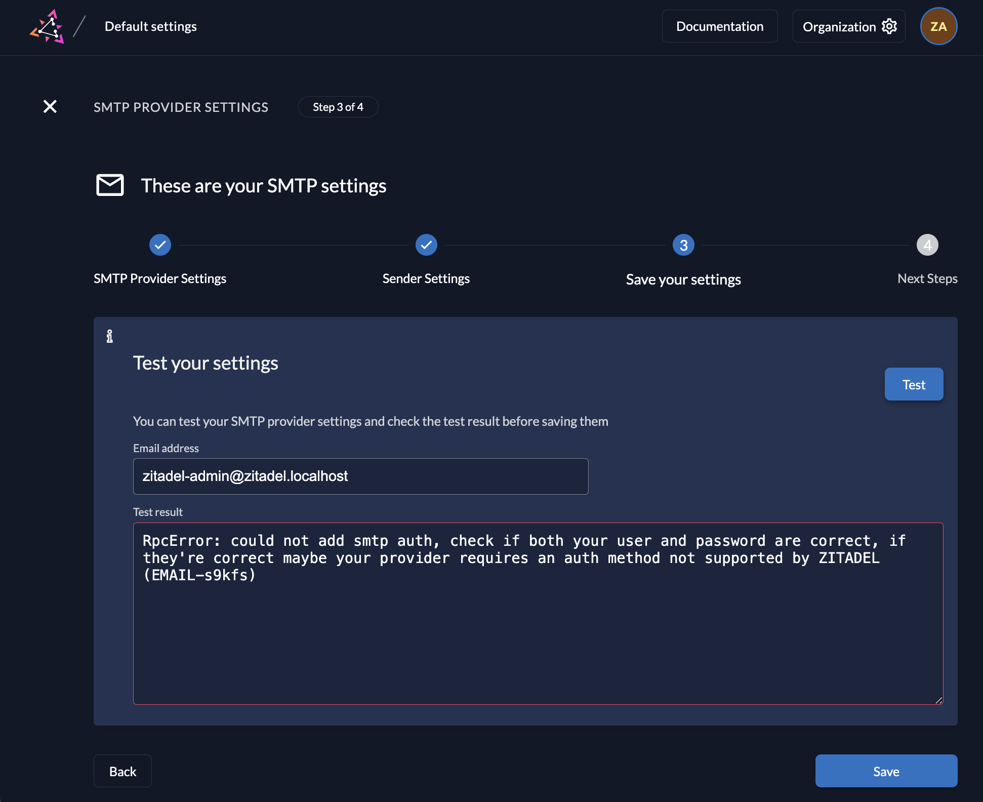 ZITADEL Console UI sending test email during configuration of SMTP