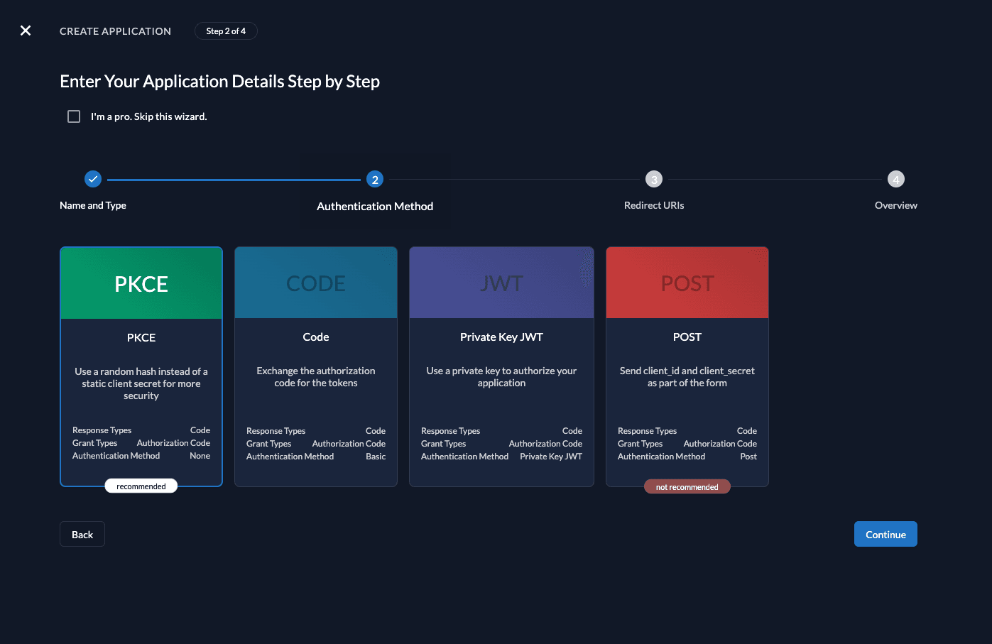 Create app in management console - set auth method
