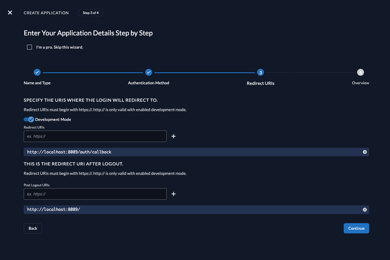 Create app in management console - set redirectURI