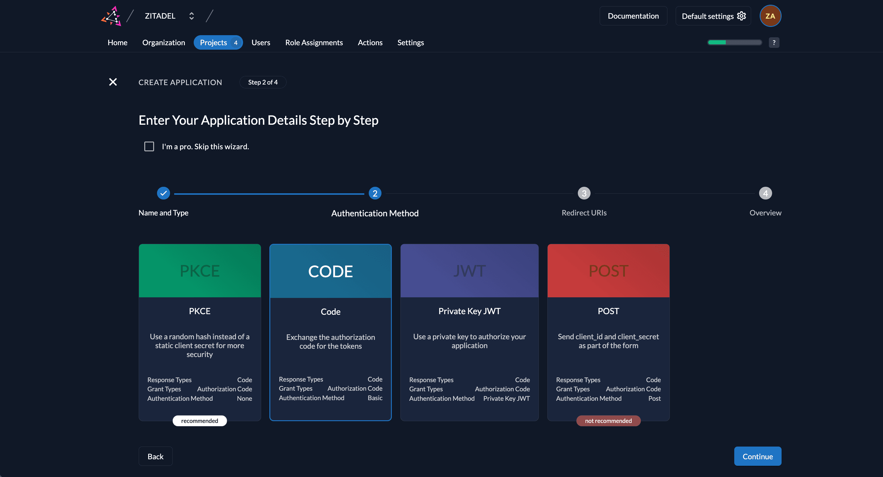 Configure app authentication method in management console