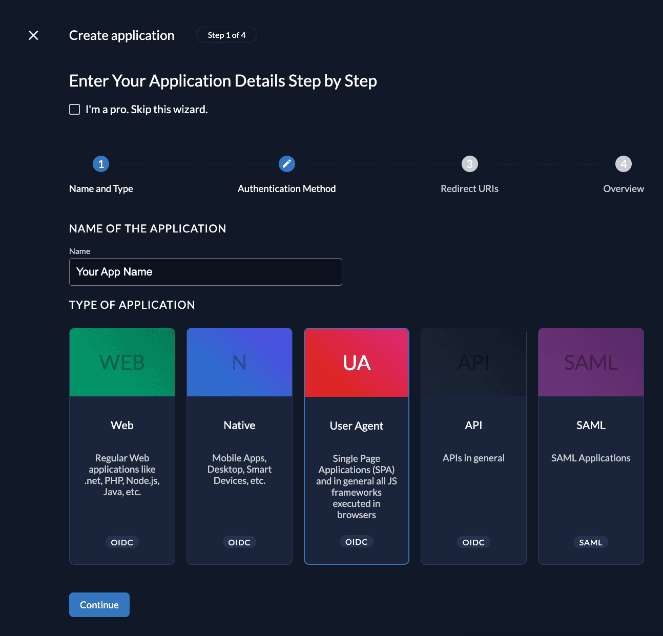 Create app in management console