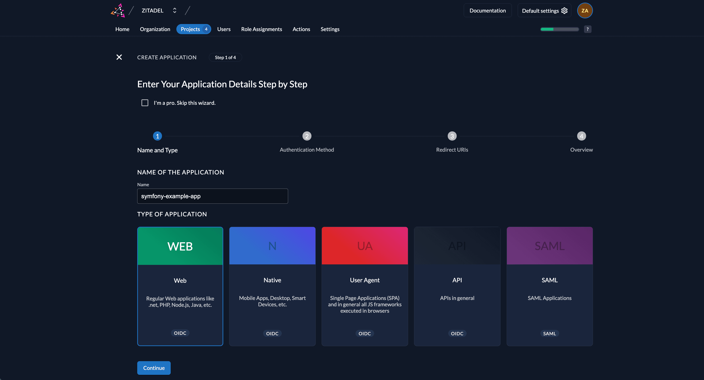 Create app in management console