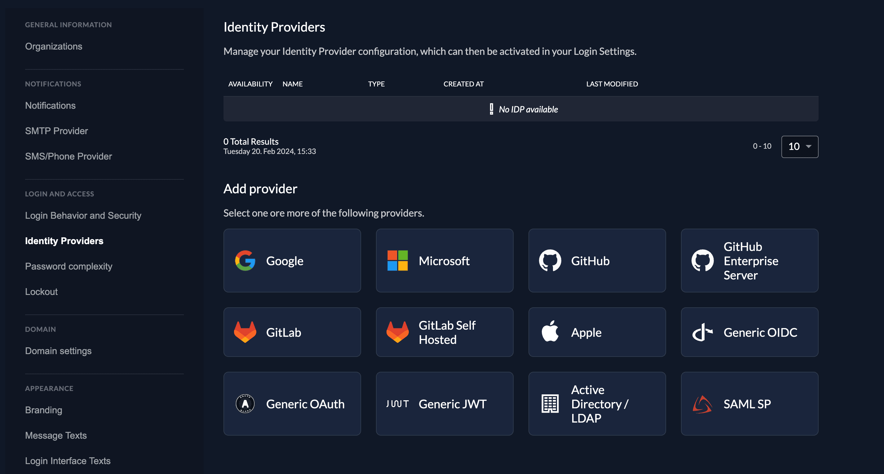 Screenshot of ZITADEL management console showing different identity provider templates