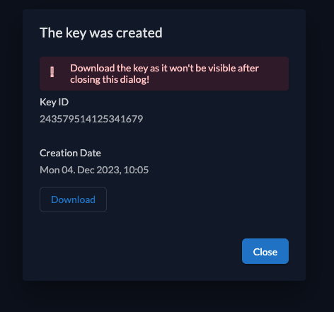 Create api key in console