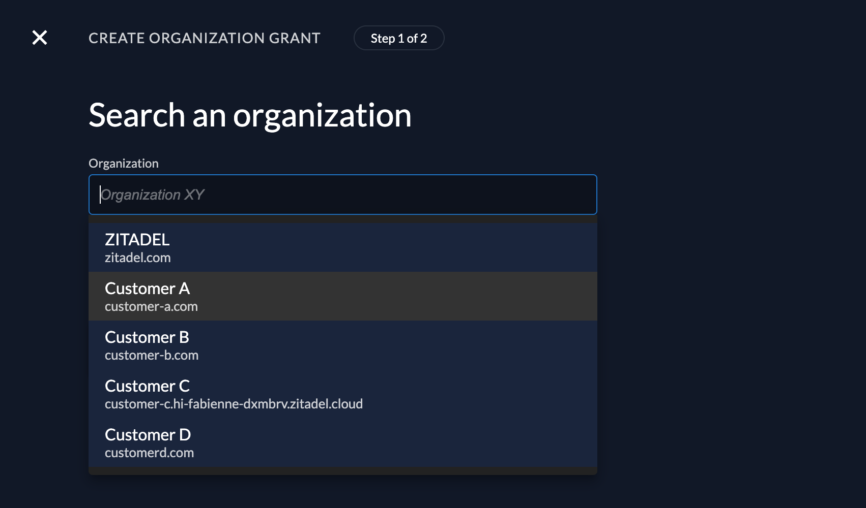 Project Settings: Grants - Choose Organization
