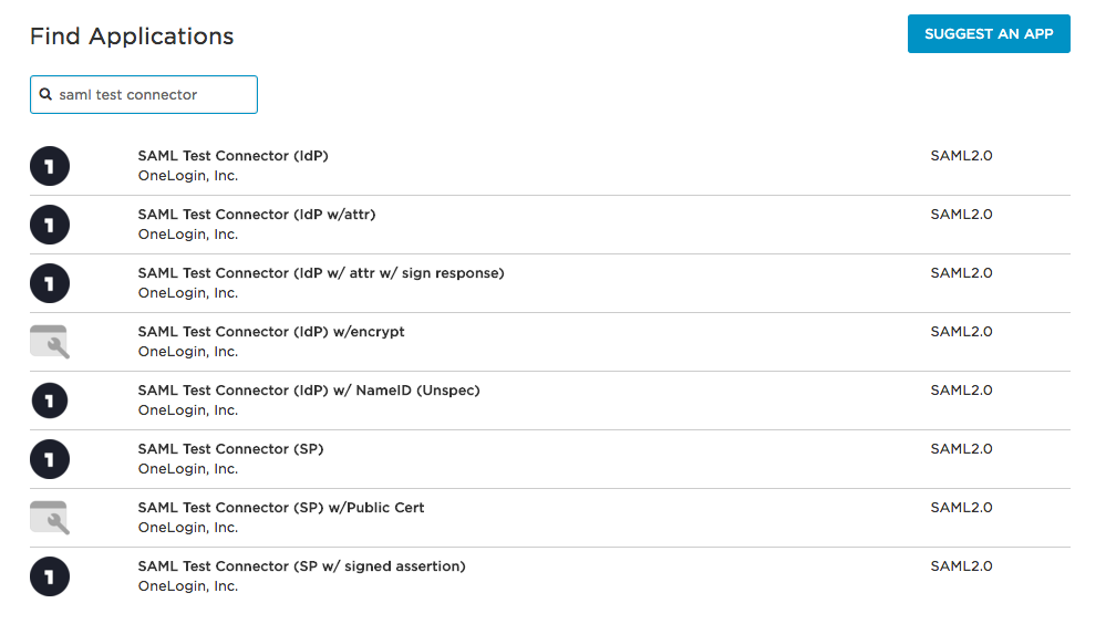 Image: OneLogin Add Apps screen showing SAML connector selection