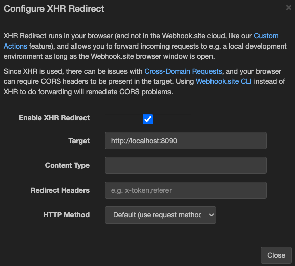 Screenshot: Webhook.site XHR Redirect configuration interface